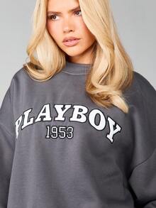 Missguided x Playboy 宽松圆领卫衣，复古图案印花，适合日常休闲穿着 - 灰色 - 查看 5
