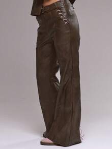 MUSERA PU Low Rise Contrast Stitch Wide Leg Trousers  Cute Casual Cosy Cherry Lacquer Summer - Coffee Brown - View 4