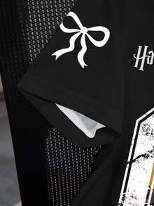 HARRY POTTER X SHEIN 女式休闲字母和卡通图案圆领短袖T恤，夏季 - 白色 - 查看 5