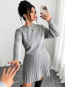 SHEIN PETITE CURVE طقم ملابس علوية كاجوال طويلة الأكمام مزينة بزهور ثلاثية الأبعاد وتنورة فضفاضة، ملابس علوية كنزة مناسبة للمقاسات الكبيرة، مناسب للخروجات - رمادي - مشاهدة 2