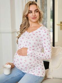 SHEIN 秋季孕妇休闲碎花长袖哺乳T恤 - 白色 - 查看 6