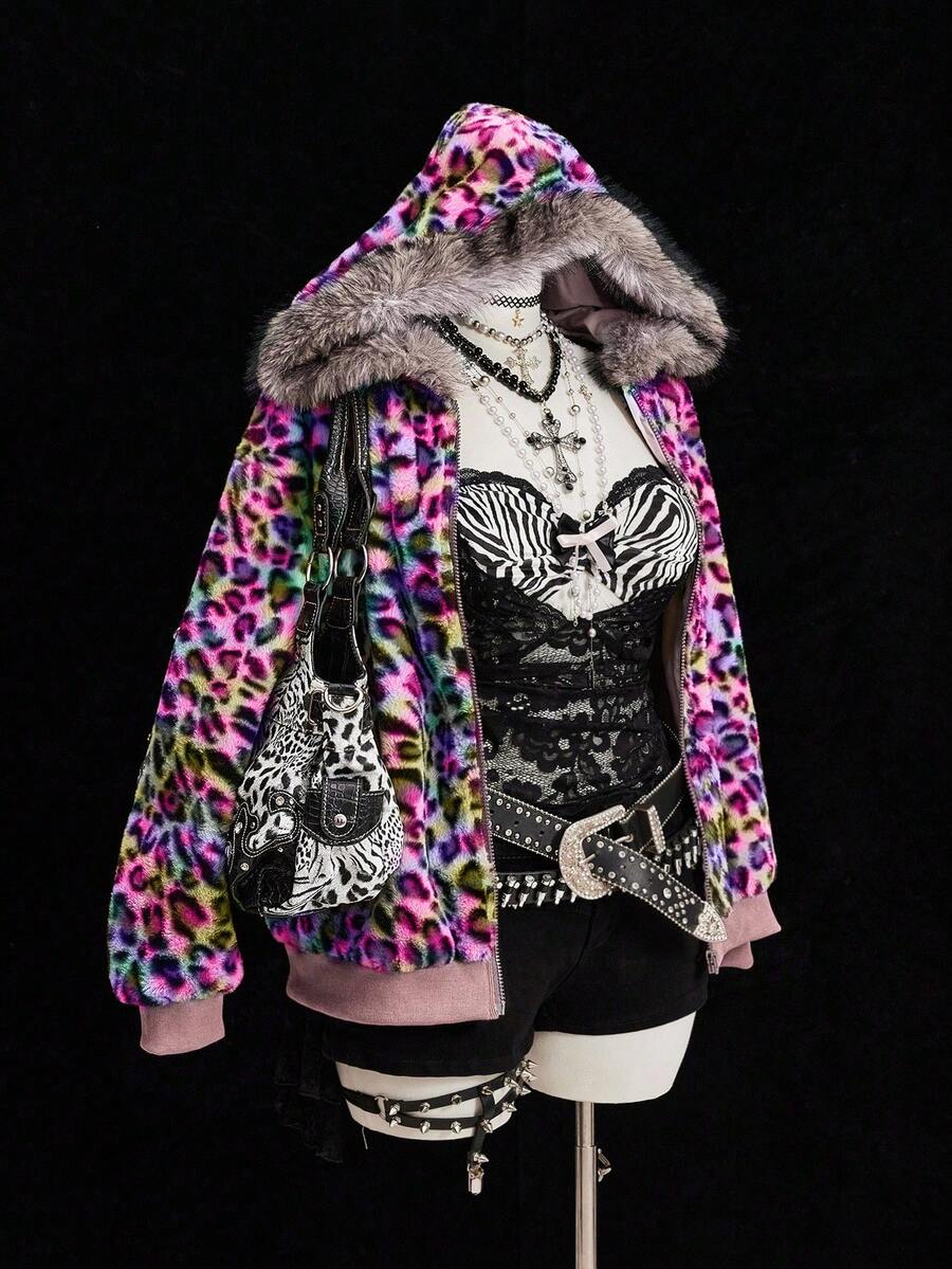 Sweetra Leopard Faux Fur Minimalist Hat & Short Vintage Casual Jacket - Multicolor - View 1