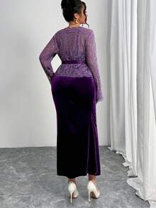 Modelyn Plus Size Women Floral Lace Long Sleeve Top And Spaghetti Strap Dress Elegant 2 Pieces Set - Multicolor - View 3