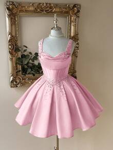 Lovelzi 优雅、奢华、高贵、宫廷风白色缎面露肩露肩甜心领口美人鱼轮廓连衣裙，带珍珠装饰，喇叭形下摆，适合单身派对、婚礼、毕业典礼、度假、新娘送礼会 - 粉色 - 查看 5