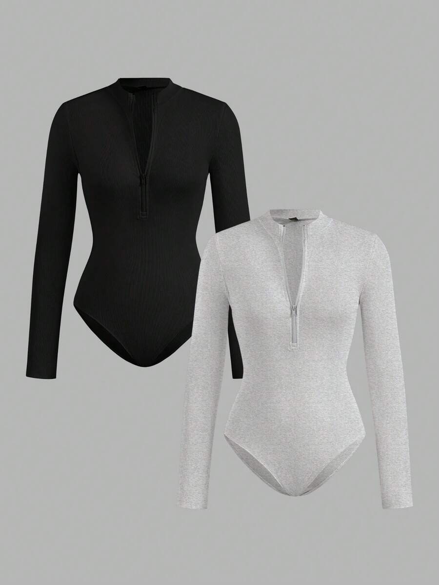 SHEIN EZwear 两件套黑色花卉图案灰色女士拉链高领连体衣套装，休闲长袖 - 彩色 - 查看 1