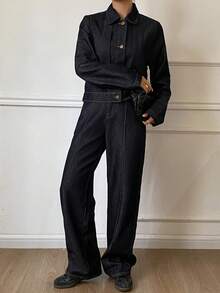 Livesso 女士休闲牛仔外套和裤子套装，翻领设计，秋冬季 - 藍色 - 查看 4