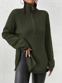 SHEIN Frenchy Half Zip Drop Shoulder Grain Sweater In Fall/Winter Casual Green Christmas,Sweaters For Women - Dark Green - View 5