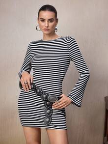 Modelyn Women's Casual Striped Print Round Neck Short Dress - Black and White - View 3