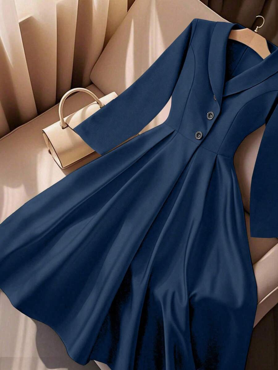 Franclia 女式优雅褶皱修身垂坠翻领单排扣高腰连衣裙，春秋 - 藏蓝色 - 查看 1