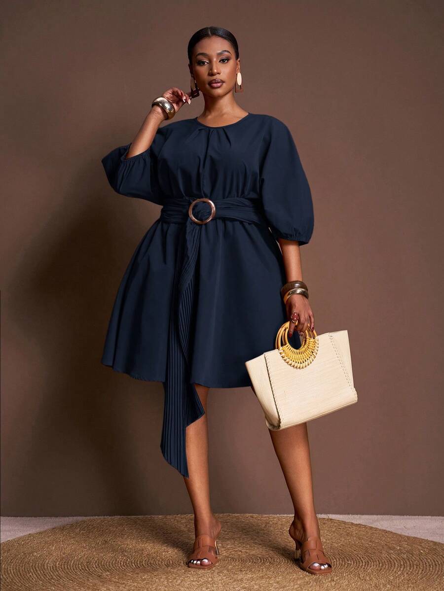 Veslaya 春夏初秋新款优雅通勤精致优雅派对约会毕业生日派对纯色棕色宽松灯笼袖抽绳腰褶皱豹纹纽扣A字加大码迷你连衣裙 - 藏蓝色 - 查看 1