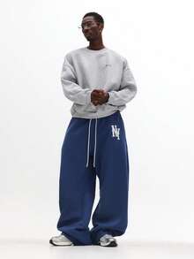 SUMWON 宽松冬季运动裤，经典 NY Logo 印花，抽绳腰带，休闲运动居家服，学院风纯色款 - 寶藍色 - 查看 5