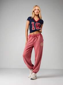 Missguided x Playboy 女士印花水洗阔腿慢跑运动裤，休闲家居服 - 紅木色 - 查看 3