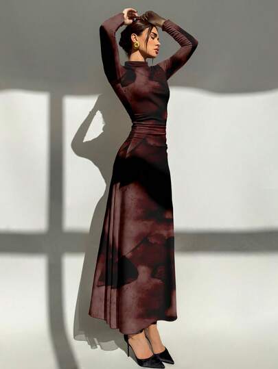 Aloruh New Autumn/Winter Angola Red Tie Dye Marble Full Print Party Long Sleeve Fitted Dress, Suitable For Formal Events, Dates, Daily Autumn/Winter Wear, Christmas New Year Party