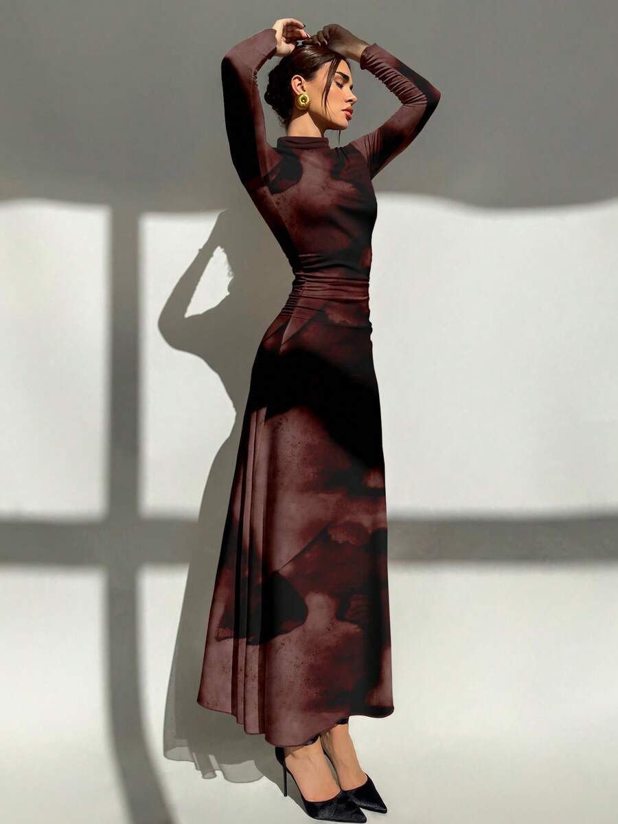 Aloruh 新款秋冬安哥拉红色扎染大理石纹印花长袖修身连衣裙，适合正式场合、约会、日常秋冬穿着、圣诞节等场合。 - 酒紅色 - 查看 1