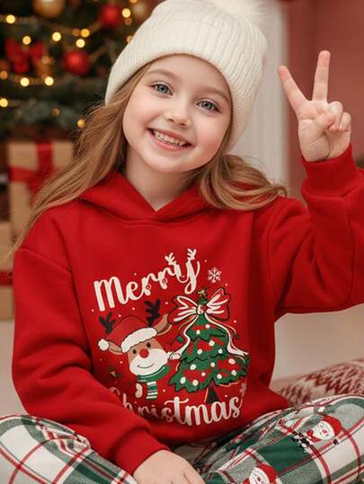 SHEIN Christmas Tree Print Casual Loose Fit Cozy Thick Soft Hoodie Sweatshirt For Young Girls, Suitable For Autumn/Winter, New Year, Street Style, Home Wear