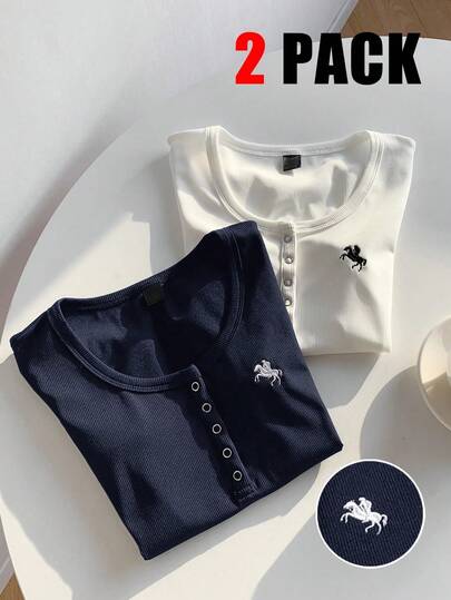 2pcs/Set Tween Girls' Casual Comfortable Polo Collar Horse Embroidery T-Shirt