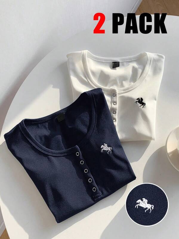 2pcs/Set Tween Girls' Casual Comfortable Polo Collar Horse Embroidery T-Shirt