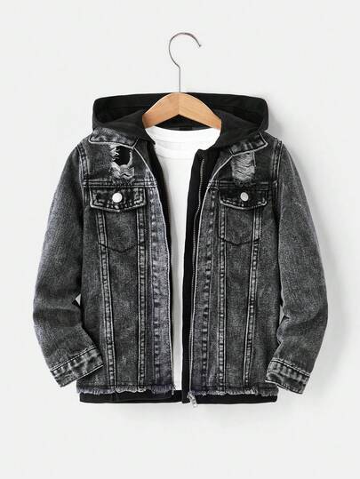 SHEIN Young Boy Fashion Casual Gray Knit Hooded Spliced Blue Denim Long Sleeve Ripped Jacket For Dailywear And Fall Boys Clothes