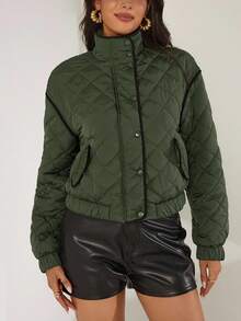 Franclia Chaqueta acolchada holgada de mujer en color verde militar con bloques de color, solapa, botones metálicos y cremallera, estilo casual de moda, hombros caídos, manga larga, puños elásticos, decoración de borde con bloques de color, bajo elástico, forrada, adecuada para capas, juegos de rol, salidas de Año Nuevo, primavera/otoño/invierno - Verde militar - Ver 3