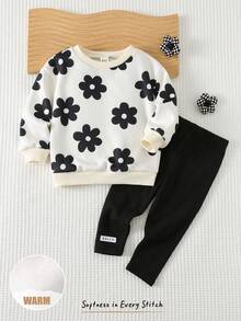 Cozy Pixies 2pcs Baby Girl Floral Print Knit Soft Crew Neck Long Sleeve Sweatshirt And Elastic Waist Pants Set - Black and White - View 1