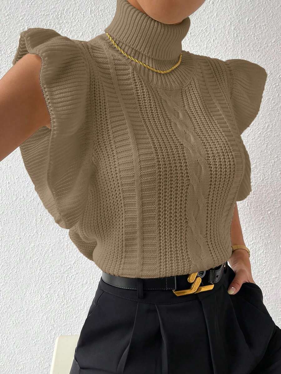 RosyDaze Rompi Sweater Wanita Warna Polos Minimalis untuk Pemakaian Sehari-hari, Lengan Pendek, Kerah Tinggi - Khaki - View 1