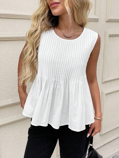 Rusticease Women Casual Pleated Sleeveless White Cotton Blouse Summer For Top Cute Shirt Old Money Style 100%Cotton Vacation Woman,