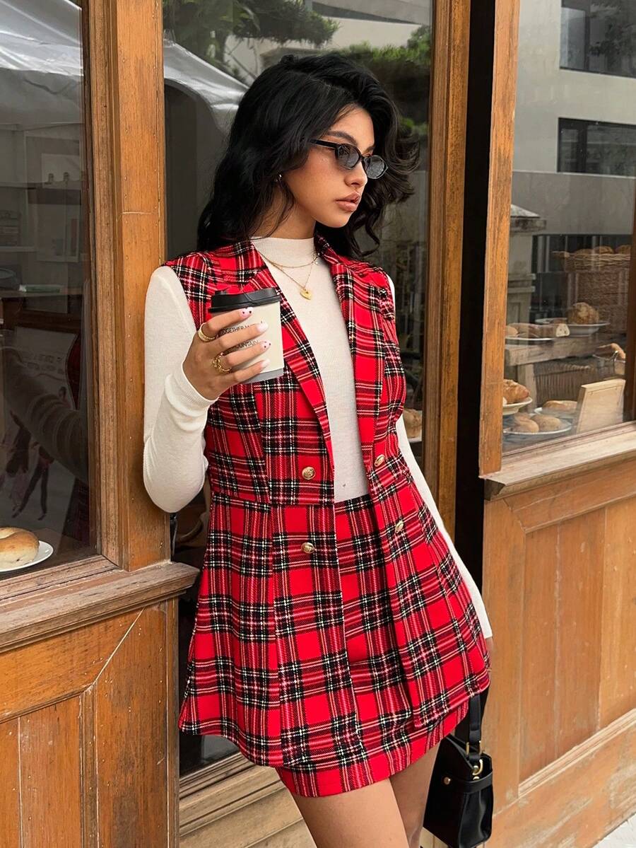 SHEIN Frenchy Women's Fashion Commuter Plaid Vest & Skirt 2 Pieces Set, Women's Winter Clothes ,Brown , New Year , Party,  Christmas ,Thanksgiving  ,Graduation, Luxury ,Chic.,Christmas,Red Summer Casual Valentine's Day - Red - View 1