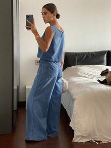 Livesso Conjunto de top de manga corta de cuello redondo y jeans de corte holgado para mujer - Azul lavado oscuro - Ver 2