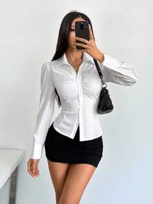SHEIN PETITE Women's Plain Pleat Button Long Sleeve Blouse, White Collared Shirt White Shirt Women White Fitted Shirt White Blouse Elegant Office Blouse,Teacher Outfits For Women,Back To School Clothes,Teacher Shirts,Fall Women Clothes,All-Season,Button Up Shirt Women White Button Down Shirt Business Casual Women Shirts Women White Shirt - White - View 1