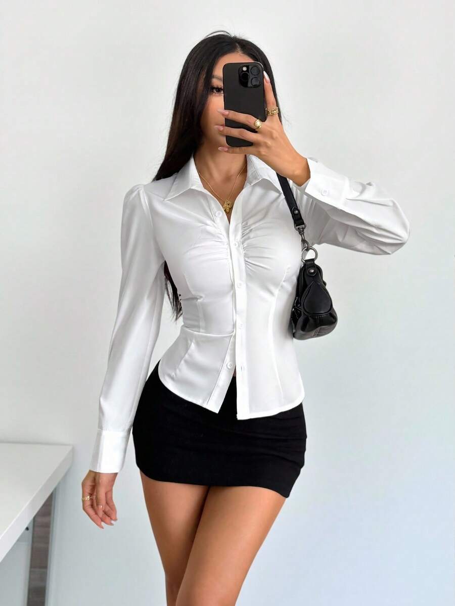 SHEIN PETITE Women's Plain Pleat Button Long Sleeve Blouse, White Collared Shirt White Shirt Women White Fitted Shirt White Blouse Elegant Office Blouse,Teacher Outfits For Women,Back To School Clothes,Teacher Shirts,Fall Women Clothes,All-Season,Button Up Shirt Women White Button Down Shirt Business Casual Women Shirts Women White Shirt - White - View 1