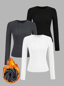 SHEIN EZwear 3 pièces/Set T-shirt à manches longues ajusté décontracté col rond grande taille, convient pour l'automne/l'hiver - Multicolore - Voir 1