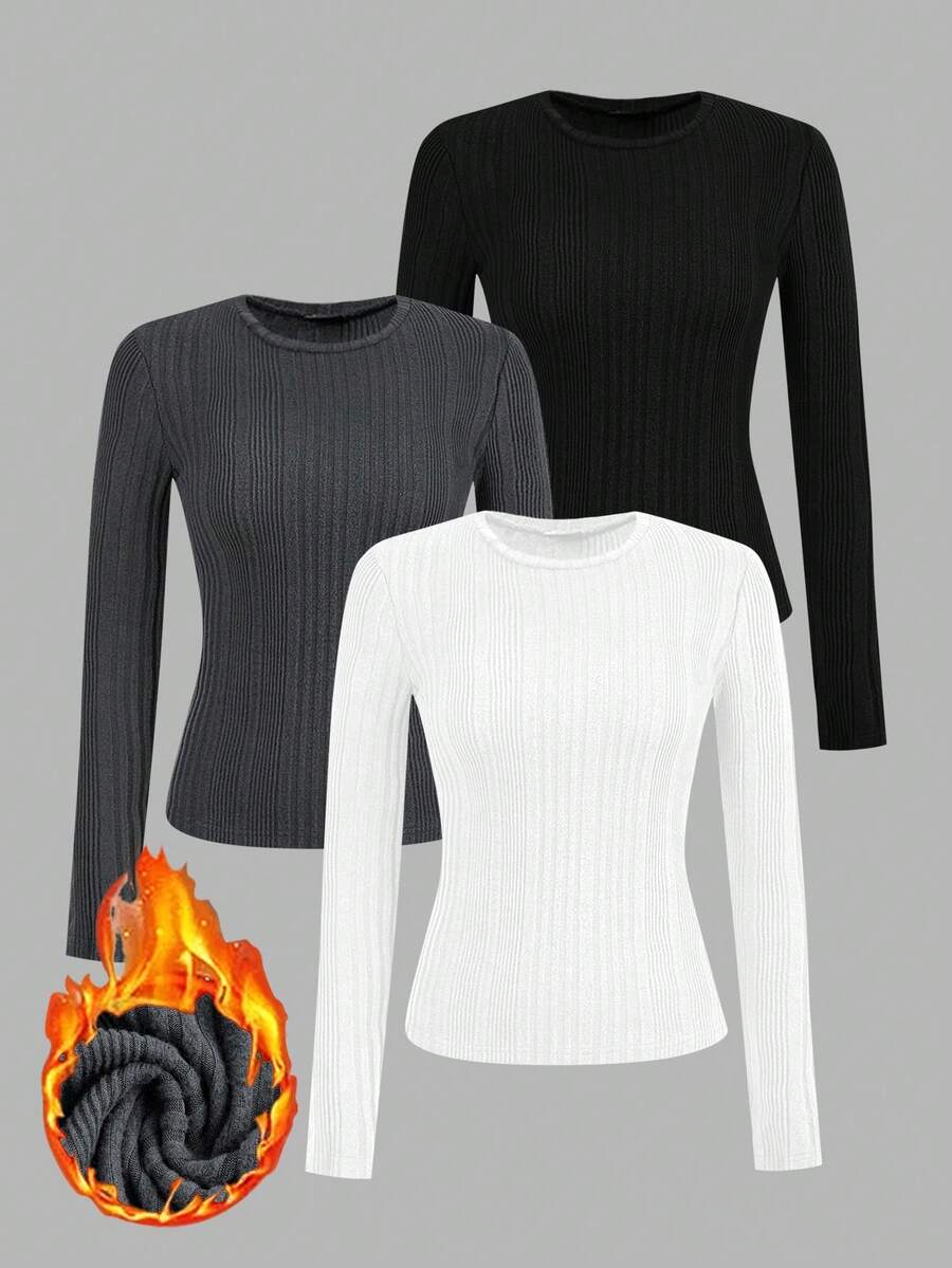 SHEIN EZwear 3 pièces/Set T-shirt à manches longues ajusté décontracté col rond grande taille, convient pour l'automne/l'hiver - Multicolore - Voir 1