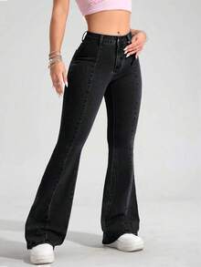 SHEIN PETITE Women's Casual Flared Leg Jeans, Versatile For Everyday Wear
