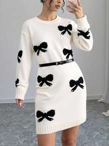 Teen Girls Autumn Black And White Y2k Sweet Back-To-School Jacquard Bow Knitted Dress, Round Neck Long Sleeve Elegant Casual Mini Knit Dress - White - View 1