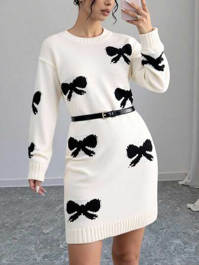 Sparklyn Autumn/Winter New Arrival Round Neck Jacquard Bow Knitted Casual Elegant Resort Versatile Sweater Dress For Women Bow Clothes Autumn Winter Clothes Girl Sweater Sweater With Bows Long Sweater Girl Long Sweater Kids Sweaters For Girls Autumn And Winter Clothes Dress With Sleeves Mini Dress Knit Dress Cream Dress Bow Clothes White Sweater Dress Winter Dresses For Teens Turtleneck Dress Long Sleeve Dress Long Sleeve Dress For Teenagers Yk2 Clothes 1214 Girls 58691112 Girls Sweater Dress Teens Jumpers Dress Bow Dress Long Sleeve Dresses Bow Print Dress Bow Pattern Dress
