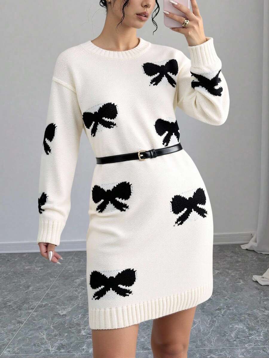 Teen Girls Autumn Black And White Y2k Sweet Back-To-School Jacquard Bow Knitted Dress, Round Neck Long Sleeve Elegant Casual Mini Knit Dress - White - View 1