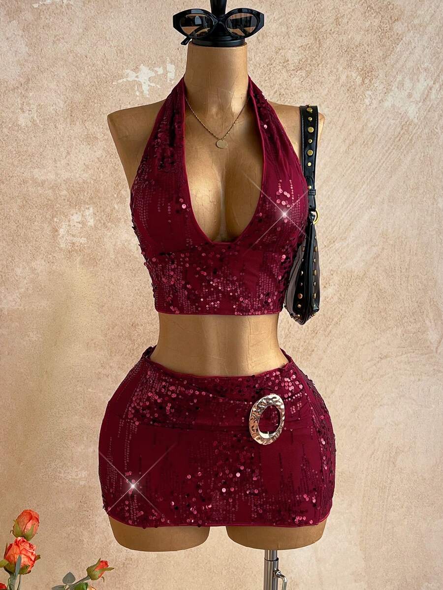 Soleia 新款休闲度假西部海滩婚礼宾客着装，毕业早午餐，圣帕特里克节春假，复活节音乐节，优雅波西米亚热带性感露背派对蝴蝶结吊带金属装饰酒红色亮片迷你裙两件套，情人节，圣诞节 - 酒紅色 - 查看 1