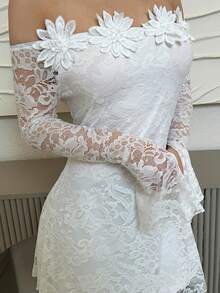 Jemour Valentine's Day Elegant Romantic Date Floral 3D Tassel Lace Off Shoulder Waist-Cinched A-Line White Dress,White Graduation Dress Spring/Summer Fairycore,Graduation,Graduation Dresses For Women,Back To School Dress - White - View 3