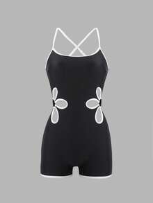 Swim SPRTY Women's Beach Outfit, Black & White Color Block Design, Adjustable Criss-Cross Back Straps, U-Back, Floral Side Petal Details, Fashionable Casual Resort Elegant Swimsuit Flower Swimsuit Modest One Piece Swimsuit Hibiscus Swimsuit One Piece Swim Rashguard Petite Swimwear Black And White Swimsuit Cutout Swimsuit - Black and White - View 8