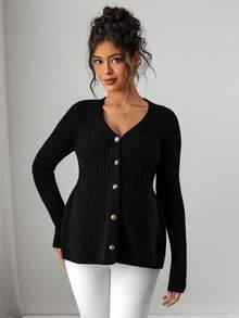 Momance Maternity Solid Color Long Sleeve Single-Breasted Casual Knit Cardigan, Autumn/Winter - Black - View 5