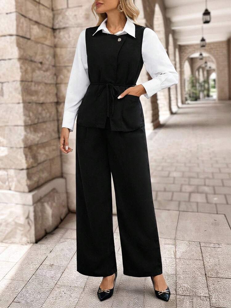 Women's Solid Color Tie Waist Vest And Wide Leg Pants Casual 2 Pieces Set Business Casual Woman Two Piece Outfits Black Suits For Woman Black Pants Suit Women Office Outfits For Women Two Piece Set For Women Fall Clothes For Women