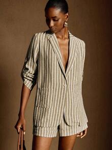 Écloséra French Retro Minimalist Commuter Casual Comfortable Linen Striped Notched Collar Single-Breasted Rolled-Up Sleeve Women Blazer - Khaki - View 4