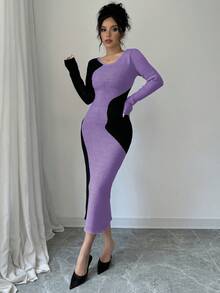 Elenzga Váy len dài tay cổ tròn màu trơn đơn giản dành cho nữ - Màu tím - Xem 5