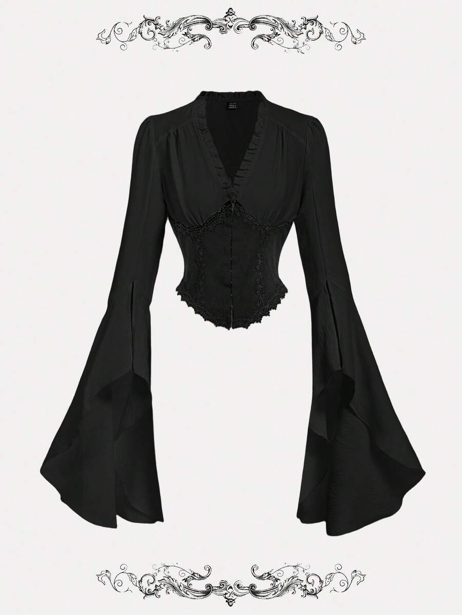 SHEIN MOD 收腰撞色喇叭袖衬衫 - 黑色 - 查看 1