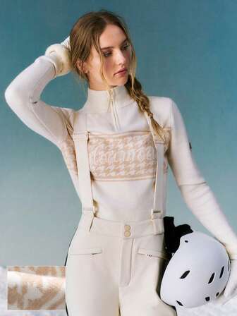 GLOWMODE Ski-Kollektion Schneeverwehung Weich Warm Kuschelig Hahnentritt Jacquard Rollkragen Viertel-Reißverschluss Figurbetonter Pullover Herbst Winter Outdoor Ski-Bekleidung