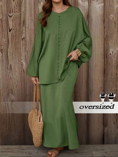 Joress Conjunto de 2 piezas de talla grande para mujer, elegante y casual, con mangas de murciélago, cuello redondo y holgado, color café