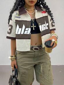 Rovax 大码女式字母印花短袖短款大码衬衫 - 棕色 - 查看 3