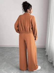 Elenzga Áo sơ mi tay dài màu nâu trơn cổ bẻ, viền chun, phong cách Pháp lãng mạn Sicily thanh lịch, trang nhã, đi làm, nghỉ dưỡng cỡ lớn, mùa xuân/thu/đông, quần túi hộp cạp chun, thời trang đi làm thường ngày, đi chơi - Rỉ Nâu - Xem 2