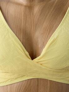 Bellisia Women's Yellow Textured Criss-Cross Bikini Top Women's Beach Fashion Women's Beach Fashion Beach Outfits For Women Cross-Over Push-Up Swimsuit Top Yellow Summer Set Yellow Yellow Skirt Set Skirt Swimsuit Set Summer Skirt And Top Set - Yellow - View 3