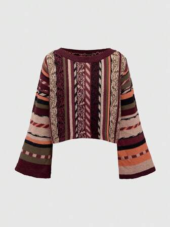Suéter de rayas verticales vintage de talla grande estilo hippie bohemio, suéter de mujer a rayas en tonos marrones, suéter a rayas retro de otoño/invierno